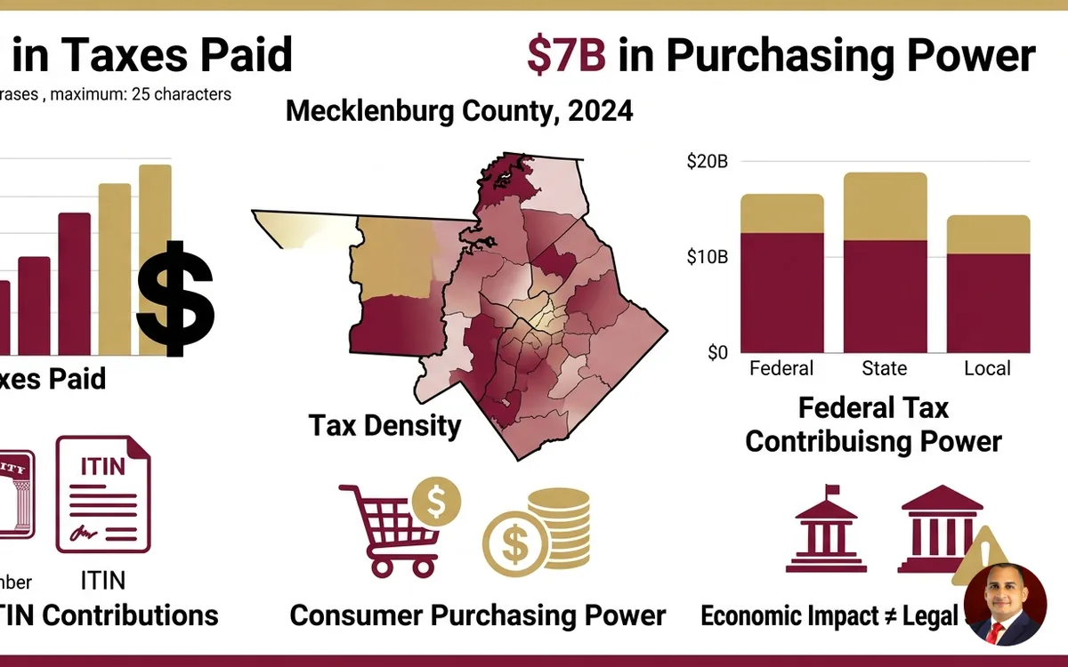 Inmigrantes Pagan $2.6B en Mecklenburg: Sus Derechos Ante la Corte — infographic